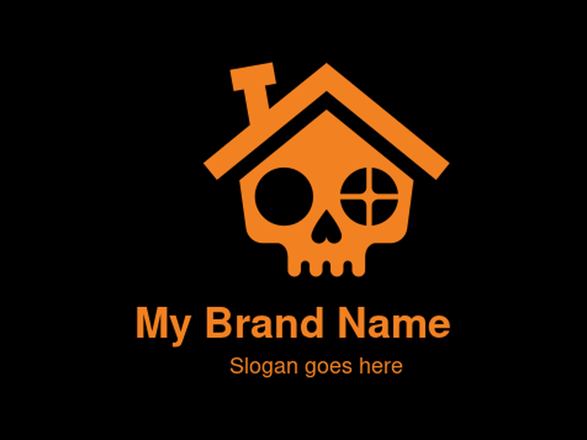 Orange Haunted House Skull Logo with Chimney – Ideal for Halloween Brands, Haunted Attractions, and Horror-Themed Businesses